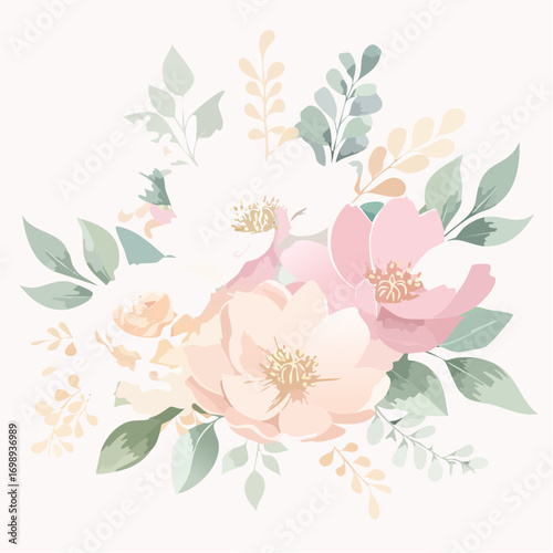 Zarte Aquarellblumen in Pastellrosa und Vanillefarben, leicht verblasst im Vintage-Look