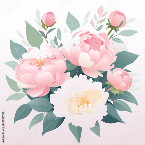 Große, weiche Pfingstrosen in Rosa und Creme, aquarelliert und verträumt auf hellem Hintergrund