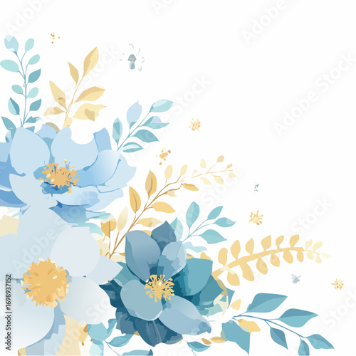 Ein Aquarellhintergrund mit Blumen in hellen Blautönen und beige-goldenen Akzenten