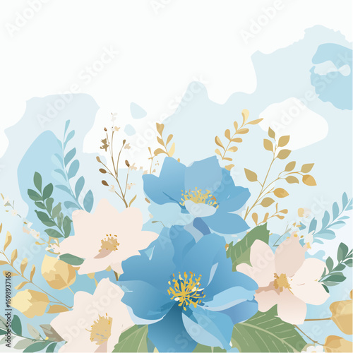Ein Aquarellhintergrund mit Blumen in hellen Blautönen und beige-goldenen Akzenten