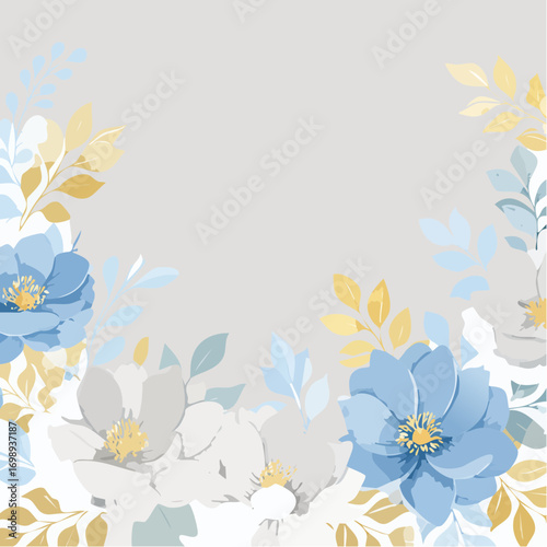 Ein Aquarellhintergrund mit Blumen in hellen Blautönen und beige-goldenen Akzenten