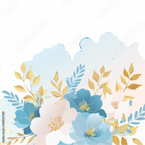 Ein Aquarellhintergrund mit Blumen in hellen Blautönen und beige-goldenen Akzenten