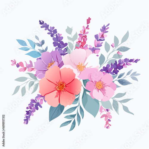 Zarte Aquarellblüten in Rosa, Lavendel und Flieder auf hellem Hintergrund