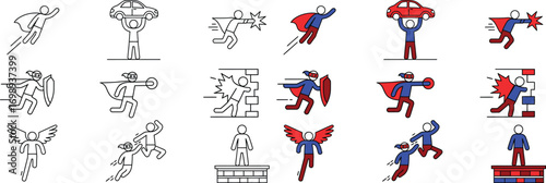 Super heroes stick man characters different poses fil and outline vector illustration best for kids books and branding 