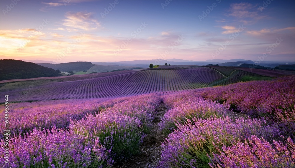 Naklejka premium vibrant lavender field stretches across rolling hills under a soft pastel sky at dusk inviting tranquility and beauty in nature s embrace