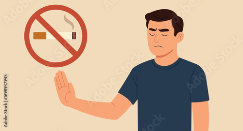 No Smoking Sign with Man Refusing Cigarette, Anti Smoking Awareness and Healthy Lifestyle Illustration