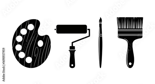 Set of black silhouette icons of painting tools
