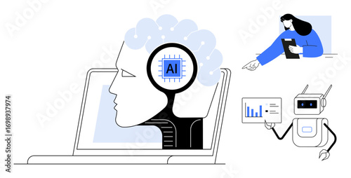 Human profile with AI chip on laptop, robot presenting data, professional analyzing insights. Ideal for technology, AI, machine learning, innovation, data science, automation simple landing page