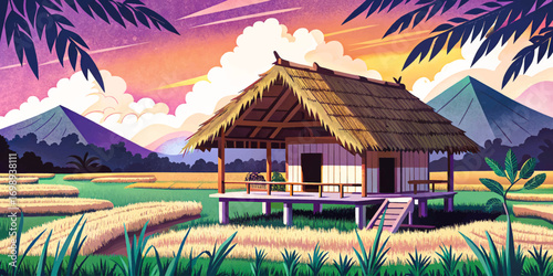 Rustic straw roof cabin in rice field vector, surrounded by green paddies, peaceful countryside retreat