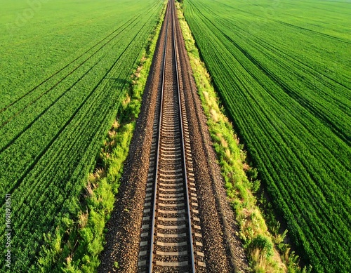 Railroad tracks through vibrant green fields