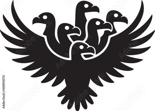 Black Silhouette of a Multi- Headed Vulture with Spread Wings bird multi-headed