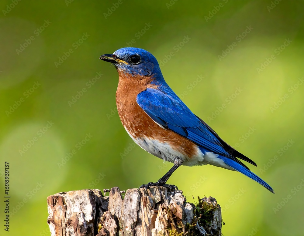Naklejka premium A vibrant bluebird perches serenely on a weathered stump against a blurred backdrop of verdant foliage, showcasing its striking plumage and natural beauty.