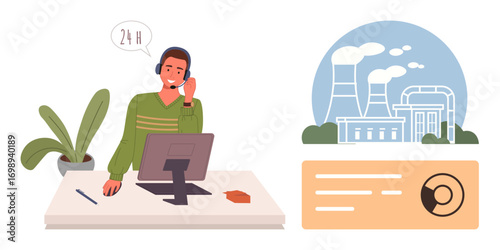 Customer service agent working at desk, speaking on headset. Factory with chimneys emitting smoke in background, an ID badge. Ideal for customer support, industrial services, work identity