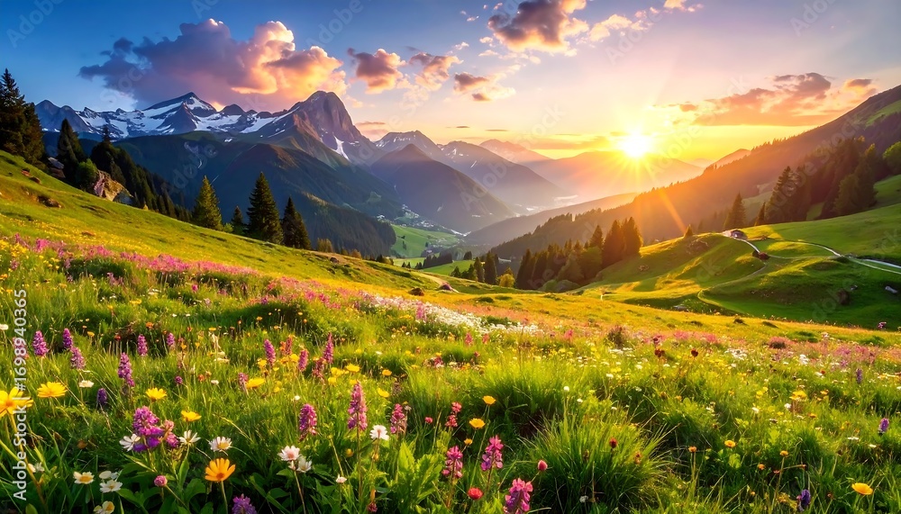 Fototapeta premium Colorful mountain meadow at sunset