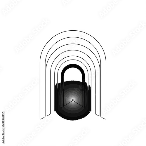 Vector art of secure padlock with concentric arching lines symbolizing protection and security, minimalist design