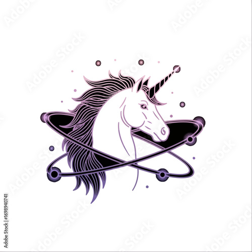 Vector art of mystical unicorn illustration with atomic orbit design and abstract swirls