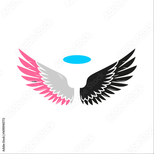 Vector art of stylized black, pink, and gray wings with halo, abstract angel graphic design