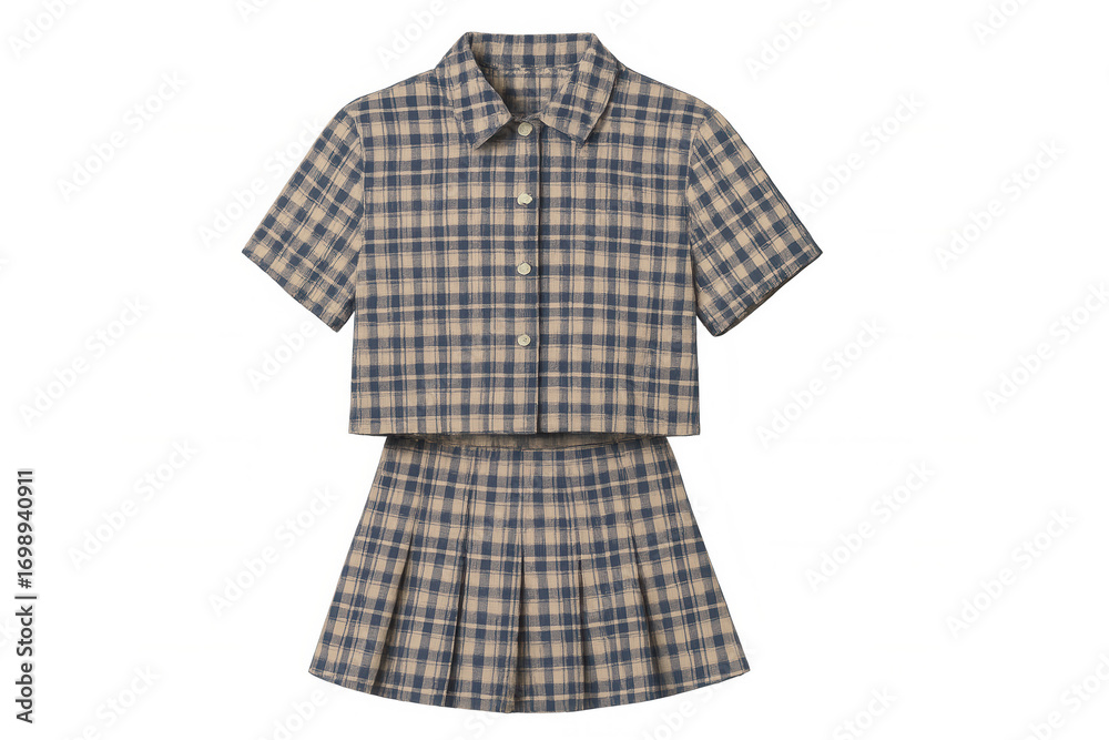 Obraz premium Stylish checkered shirt and skirt set isolated on transparent background, perfect for fashion projects or showcasing designs