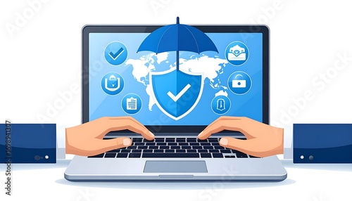 Laptop with security icons displayed. Hands typing on keyboard