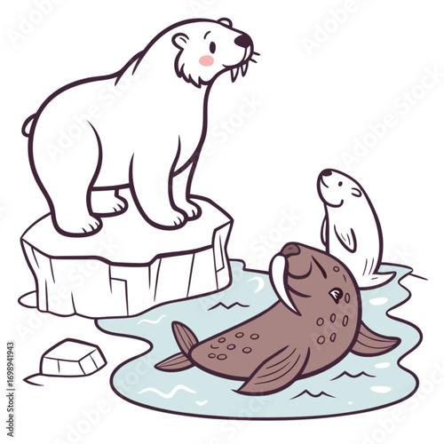 Adorable Cartoon Polar Bear Walrus and Seal on Ice Floe.