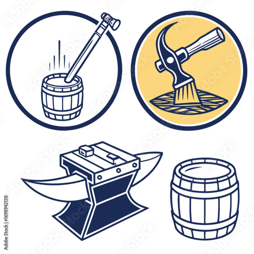 A collection of four vintage-style icons depicting coopering and blacksmithing tools and products.