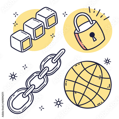 Cartoonish Security Icons: Padlocks Chains and a Globe.