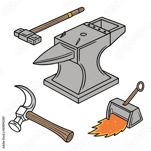 Blacksmiths Anvil with Hammer Sledgehammer and Coal Scoop Illustration.