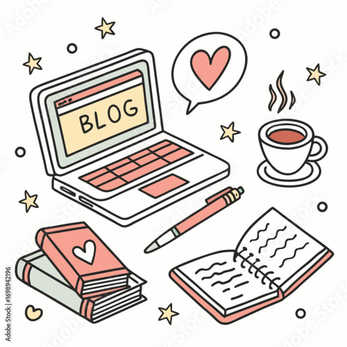 Adorable hand-drawn blog writing essentials illustration featuring a laptop stacked books coffee cup and open notebook.