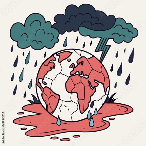 Cartoon Illustration of Earth Globe Under Stormy Clouds and Rain Cracked Surface.