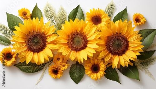 Wallpaper Mural vibrant sunflowers with green leaves on white background for summer floral design projects Torontodigital.ca