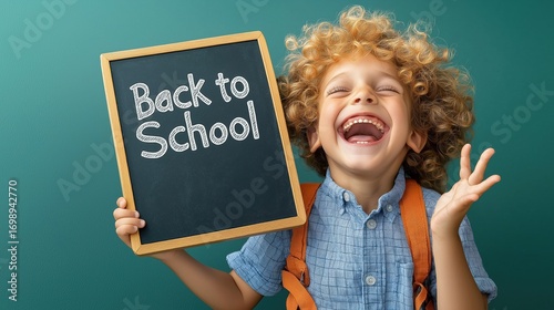Young boy with curly hair joyfully holding a chalkboard sign about going back to school in a minimalist setting