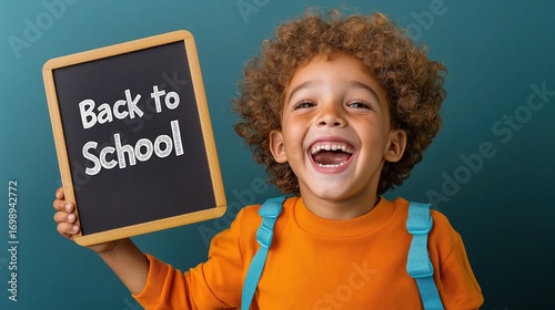 Cheerful young boy with curly hair holding a chalkboard sign welcoming back to school in a bright setting