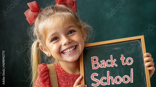Young Caucasian girl smiles brightly while holding a chalkboard announcing back to school, captured in a cozy indoor setting