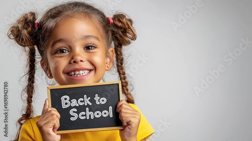 Young girl smiles while holding a chalkboard sign that says Back to School in a bright, minimalist setting