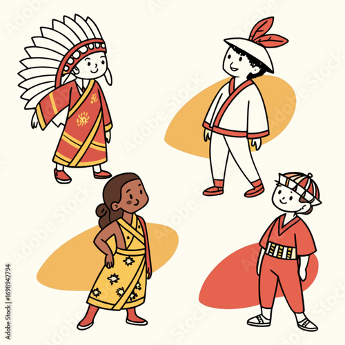 Diverse Children in Traditional Cultural Attire Illustrated Characters.
