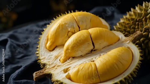 A sliced durian fruit on a gray cloth background	