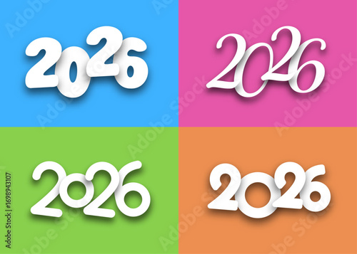Four white 2026 text designs with shadows, each on a vibrant color background in a grid layout.