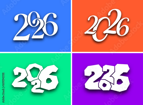 Four creative 2026 number designs with unique fonts and shadows over vibrant color blocks.