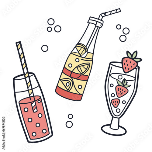 Hand-drawn doodle set of summer drinks: lemonade bottle strawberry soda and fruity cocktail.
