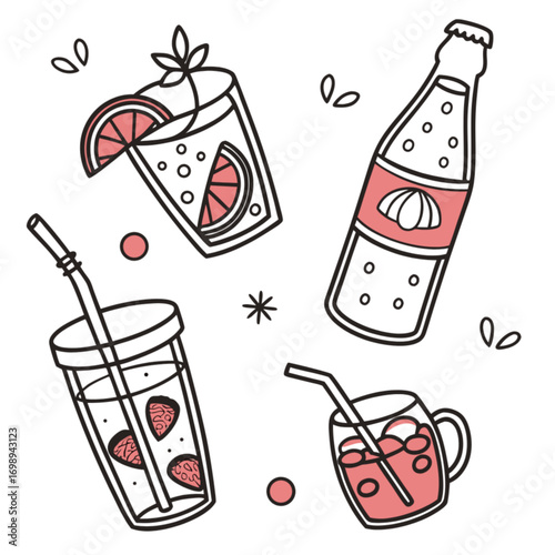 Cute Hand-Drawn Illustration of Refreshing Summer Drinks.
