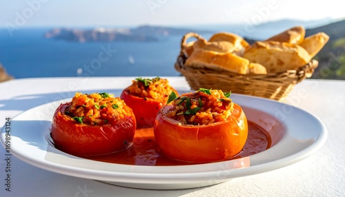 Stuffed tomatoes on a plate with a view