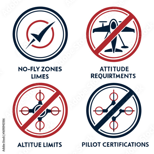Four Circular Icons Illustrating Drone Regulations and Restrictions.