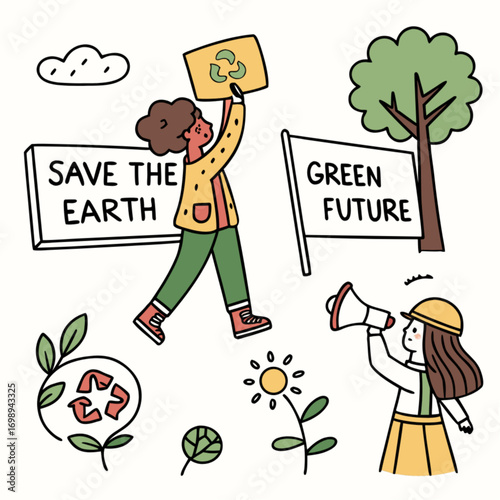Animated Girl Actively Promoting Environmental Conservation.