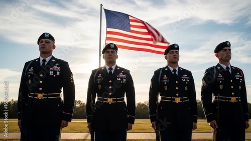 Proud soldiers stand at attention with American flag waving in dynamic patriotic ceremony