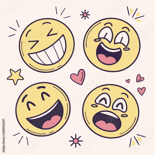 Four Joyful Hand-Drawn Emoticons with Varying Expressions.