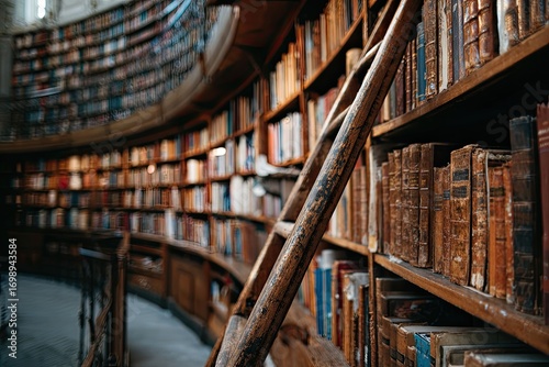Circular library shelves filled with books, a wooden ladder leaning against them