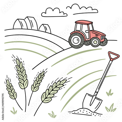 Hand-drawn Red Tractor on Rolling Farmland with Wheat and Shovel.