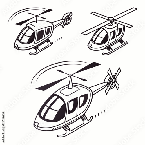 Three Black and White Helicopter Illustrations with Rotating Blades and Detailed Windows.