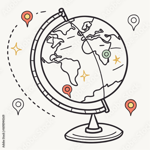 Detailed line art globe illustration with colorful map pins and travel path.