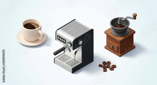 Isometric Coffee Shop Icon Set – Coffee Cup, Espresso Machine, Coffee Beans